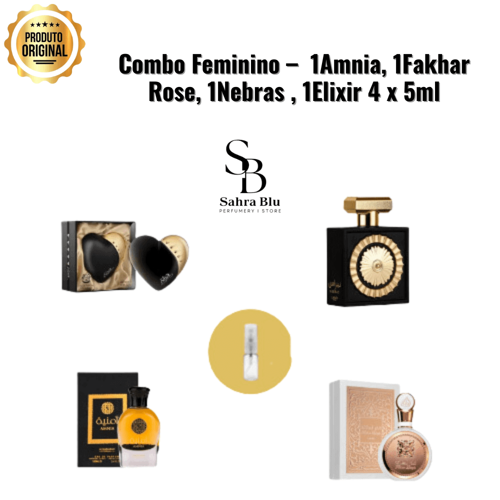 Combo Feminino –  1Amnia, 1Fakhar Rose, 1Nebras , 1Elixir 4 x 5ml - Kassio Atacado