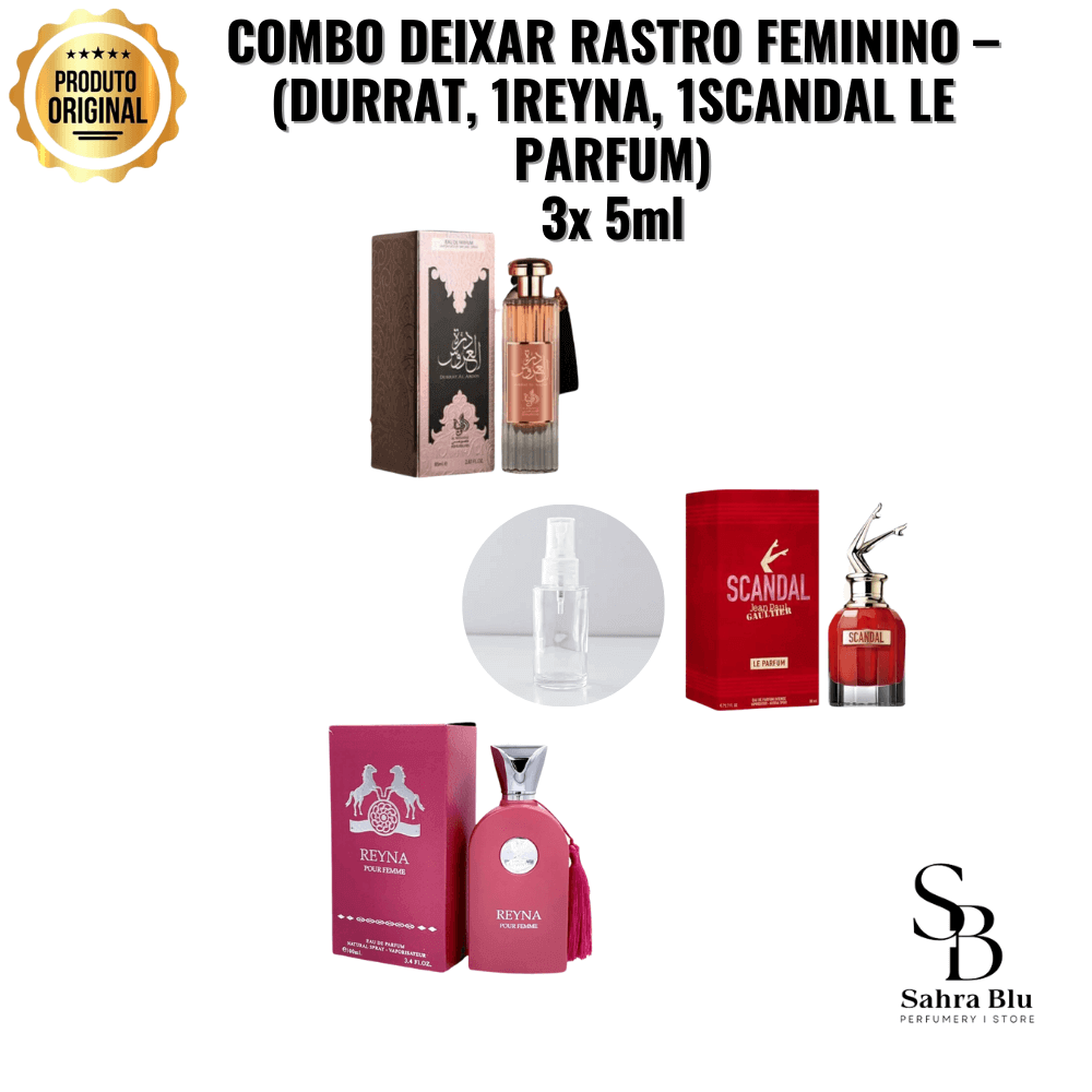 COMBO DEIXAR RASTRO FEMININO – (DURRAT, 1REYNA, 1SCANDAL LE PARFUM) 3x 5ml - Kassio Atacado